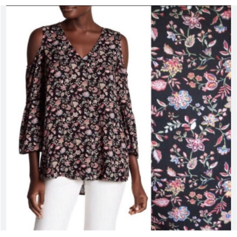 Pleione Floral Print Cold Shoulder V Neck Blouse Size Small
